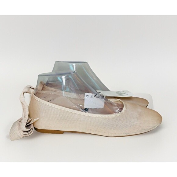 ZARA Mesh Beige Long Adjustable Tie Wrap Ballet Flats Shoes Women US 8 EU 39 NEW - Picture 3 of 9